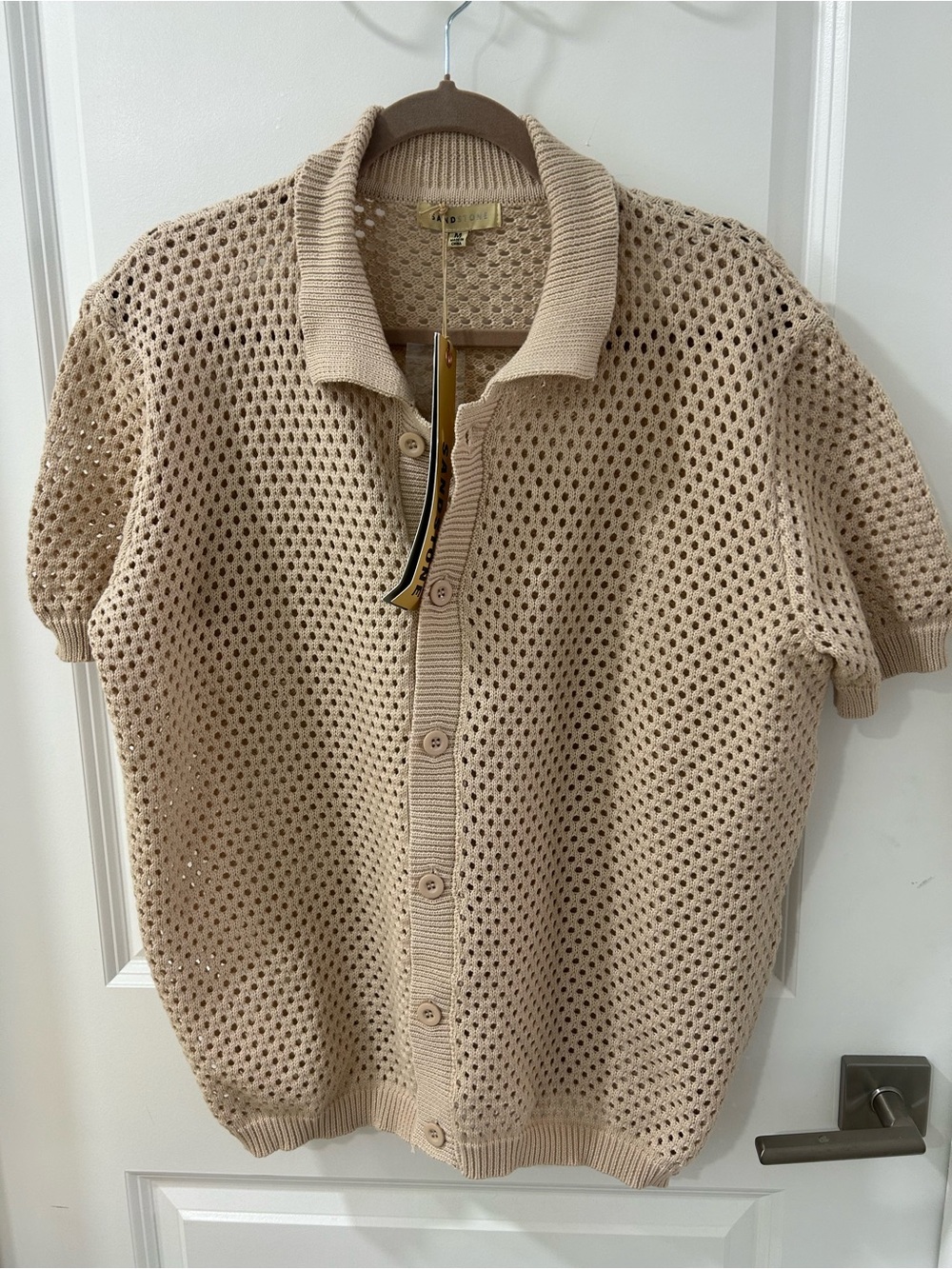 Beige Open-Knit Short Sleeve Button-Down Shirt